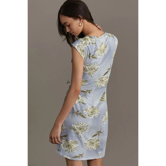 NWT ANTHROPOLOGIE Daily Practice Blue Green Floral Wrap Mini Dress Small Petite - Picture 2 of 10